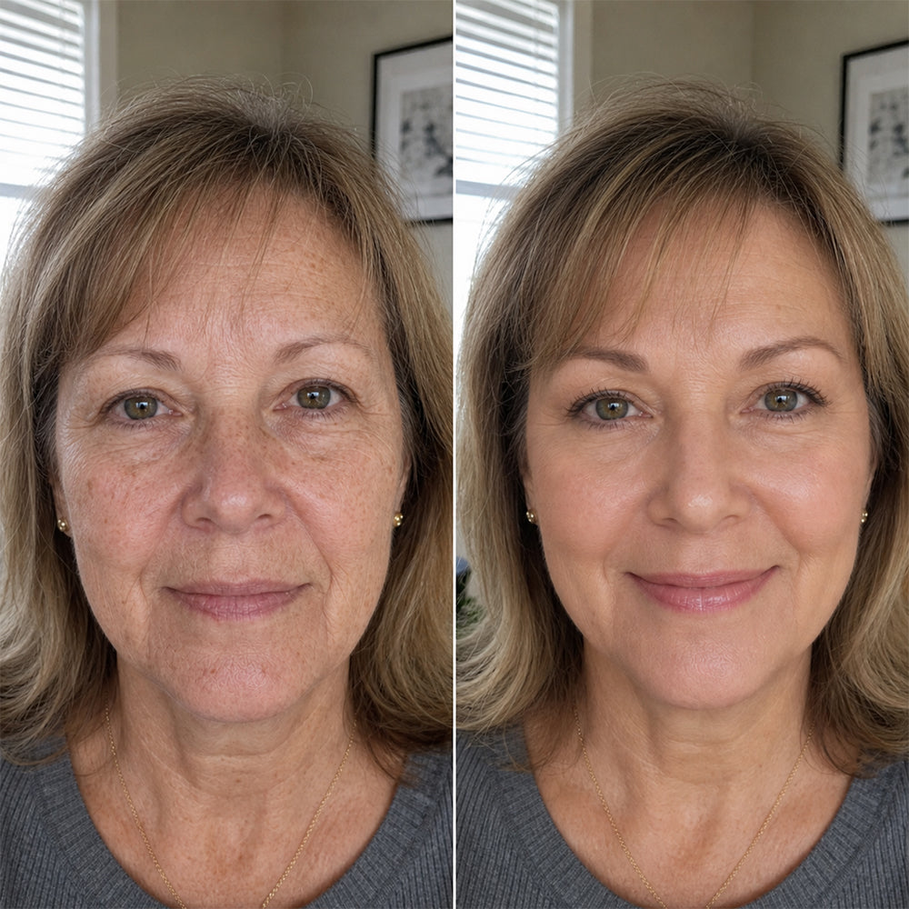 Side-by-side example of complexion before and after foundation application