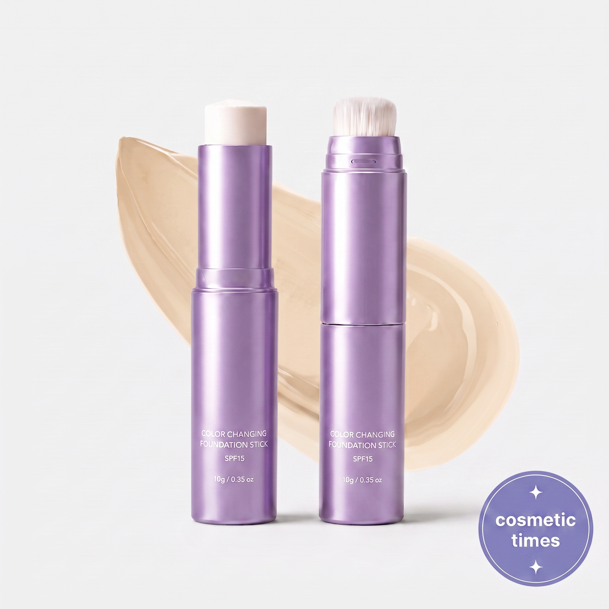Purple color-changing foundation stick with an integrated brush and foundation swatch