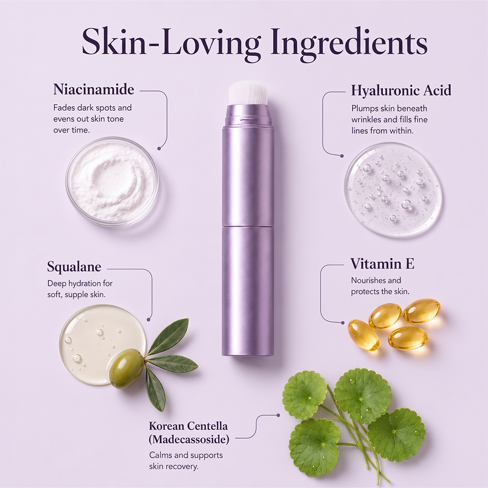 Original foundation stick promotional graphic highlighting five skincare-inspired ingredients