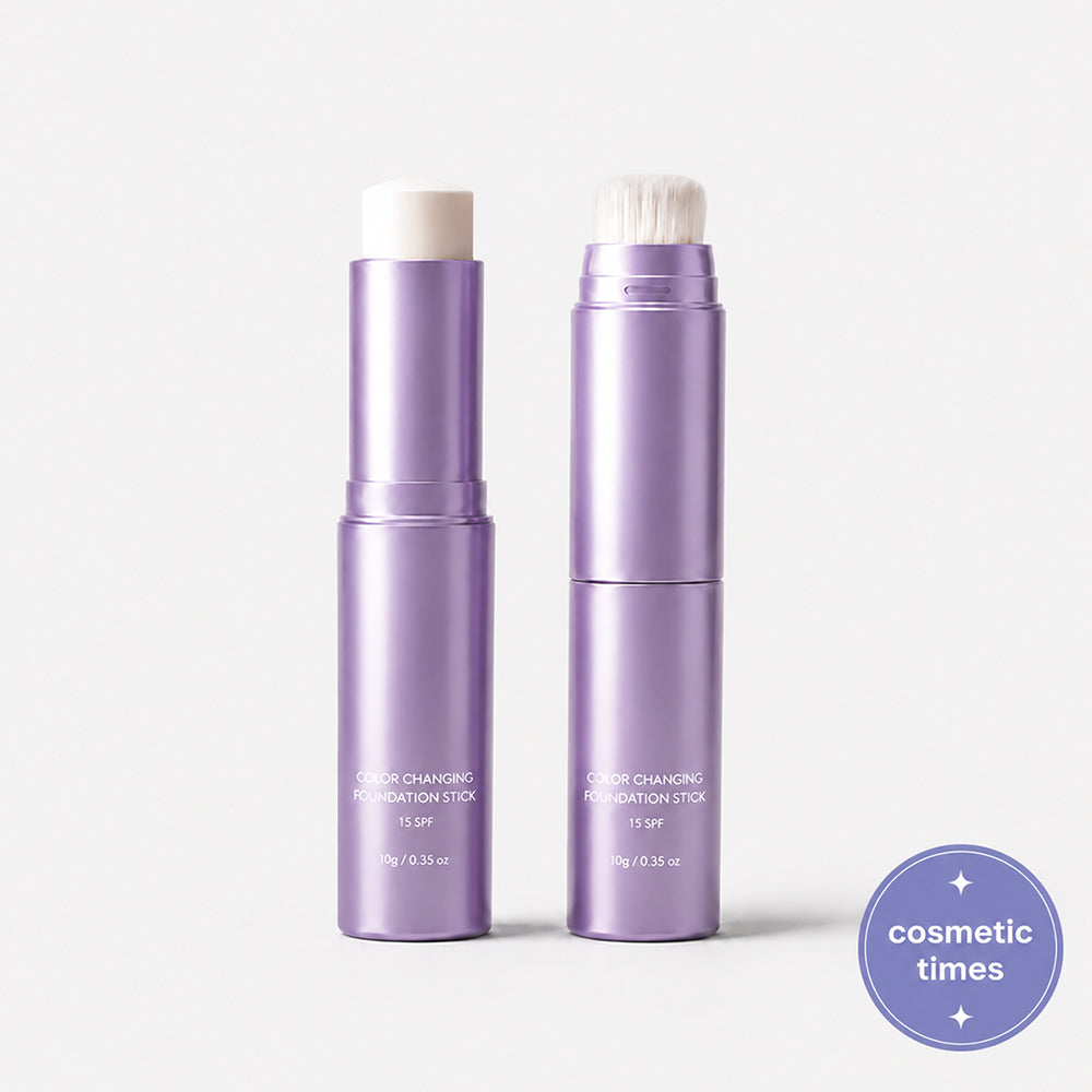 Two ends of the lavender foundation stick showing the foundation balm and brush